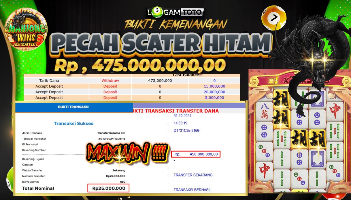 SELAMAT KEPADA MEMBER SETIA LOGAMTOTO BERHASIL JACKPOT DI PERMAINAN SLOT MAHJONG SCATER HITAM